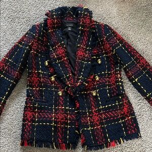 Halogen Navy, Red & Yellow Plaid Tweed Double-Breasted Blazer